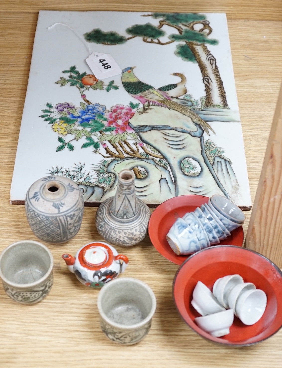 A Chinese porcelain plaque, 36 x 27.5cm, two Thai small vases and cups, porcelain tea bowls, teapot etc